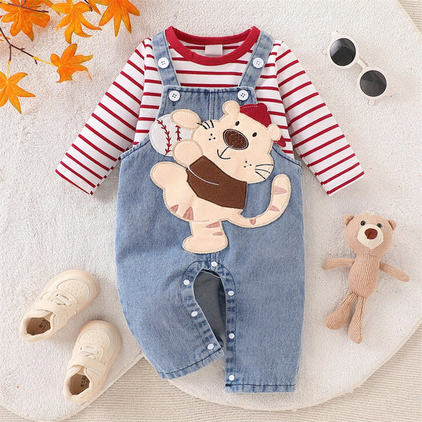 2PCS Tiger Applique Stripe Print Long Sleeve Baby Denim Overalls Set