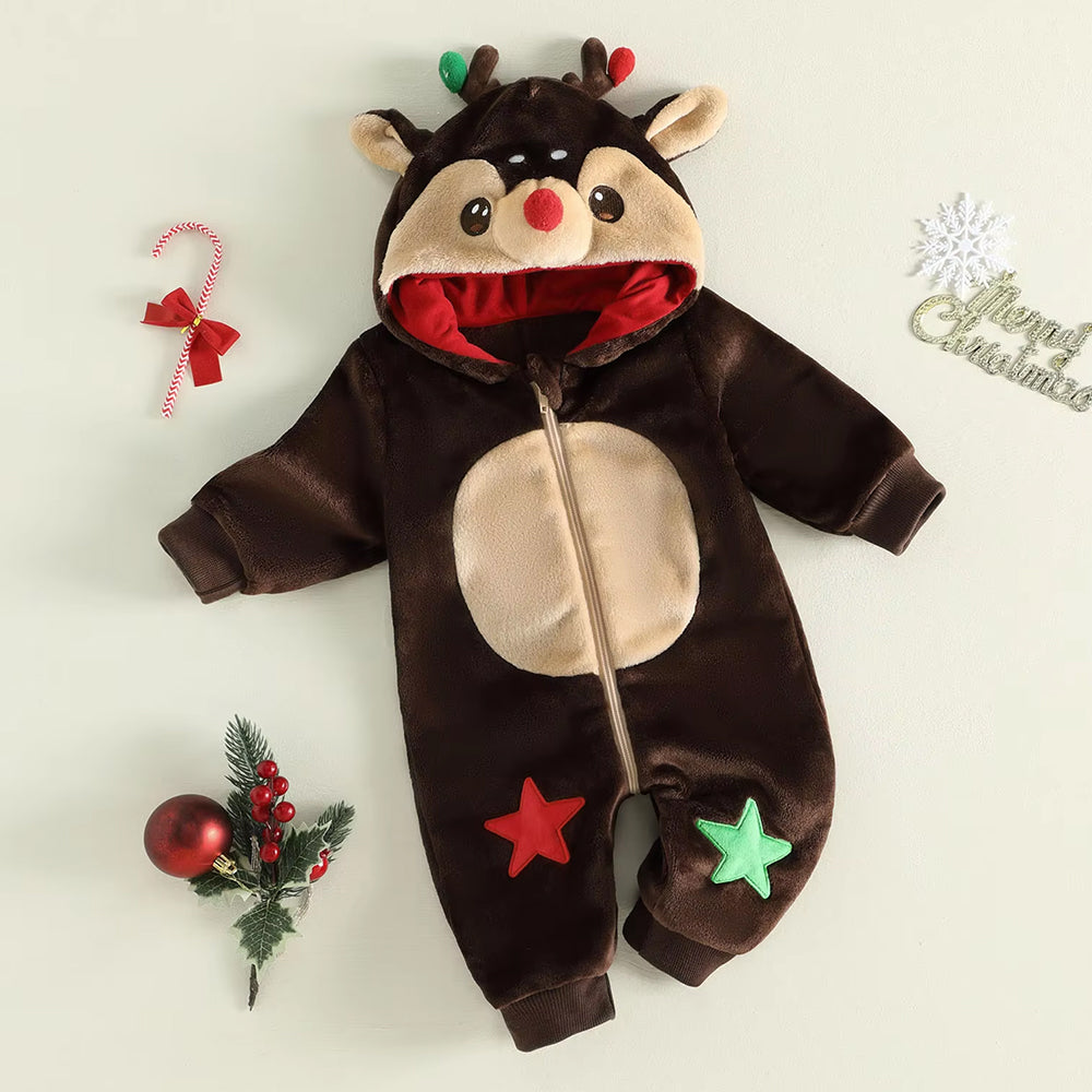3D Antler Stars Applique Hoodie Plush Zipper Reindeer Baby Jumpsuit