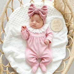 Winsome Solid Color Long Sleeve Lace Baby Girl Jumpsuit