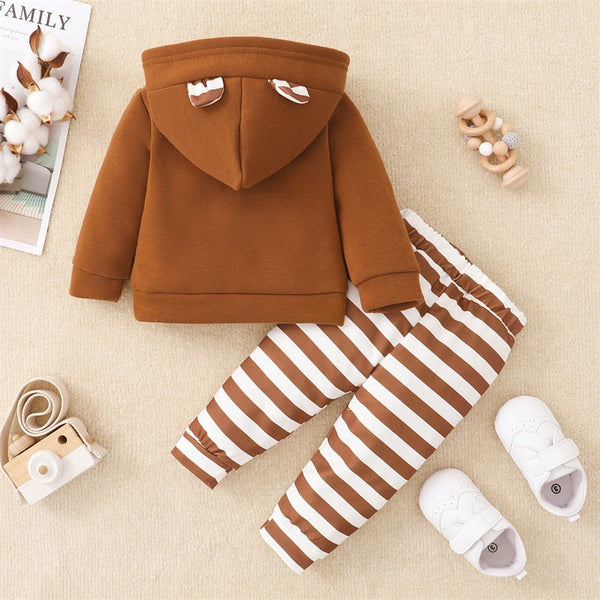 2PCS Casual 3D Ear Stripe Print Long Sleeve Hoodie Baby Set