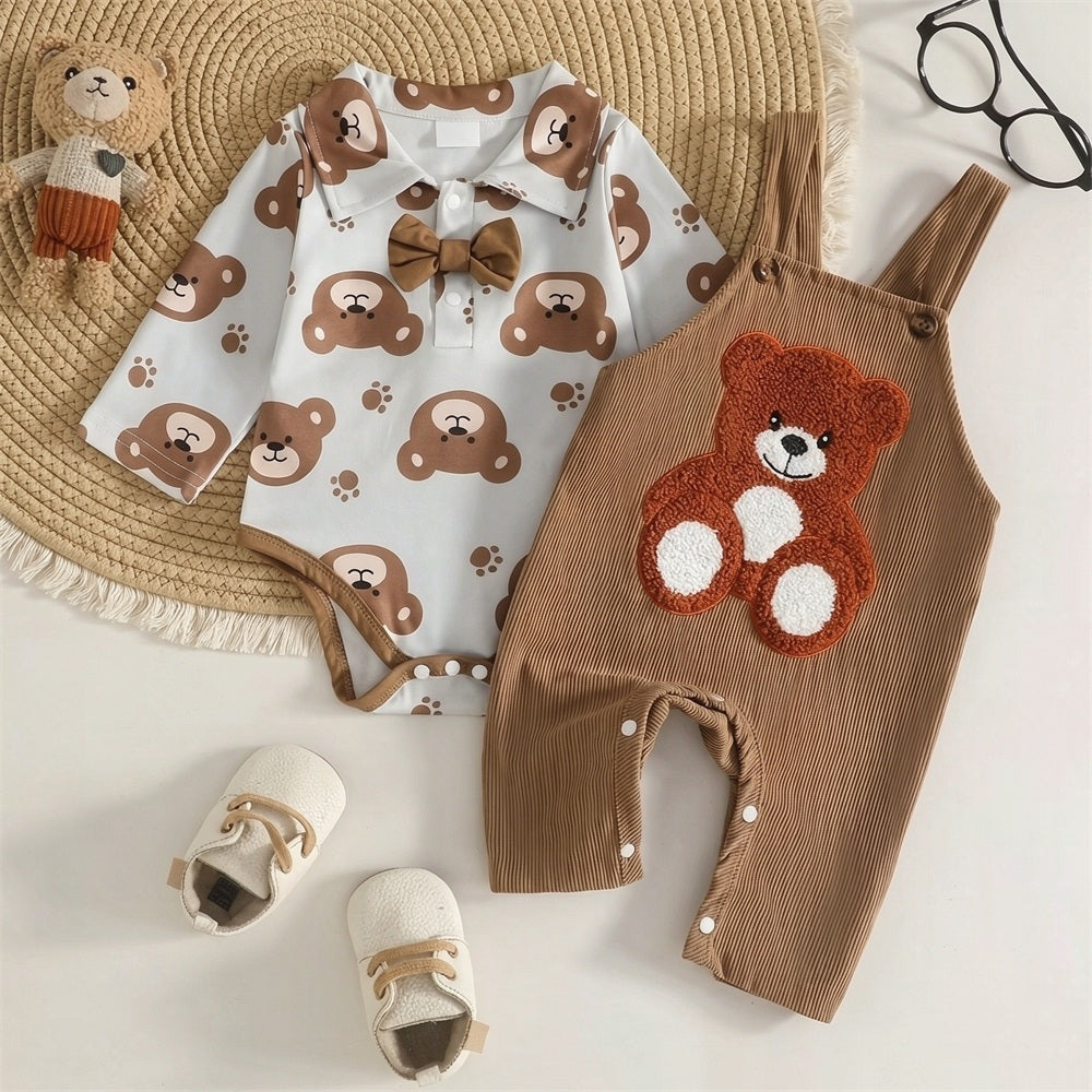 2PCS Adorable Bear Applique Long Sleeve Baby Overalls Set