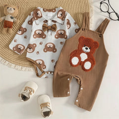 2PCS Adorable Bear Applique Long Sleeve Baby Overalls Set