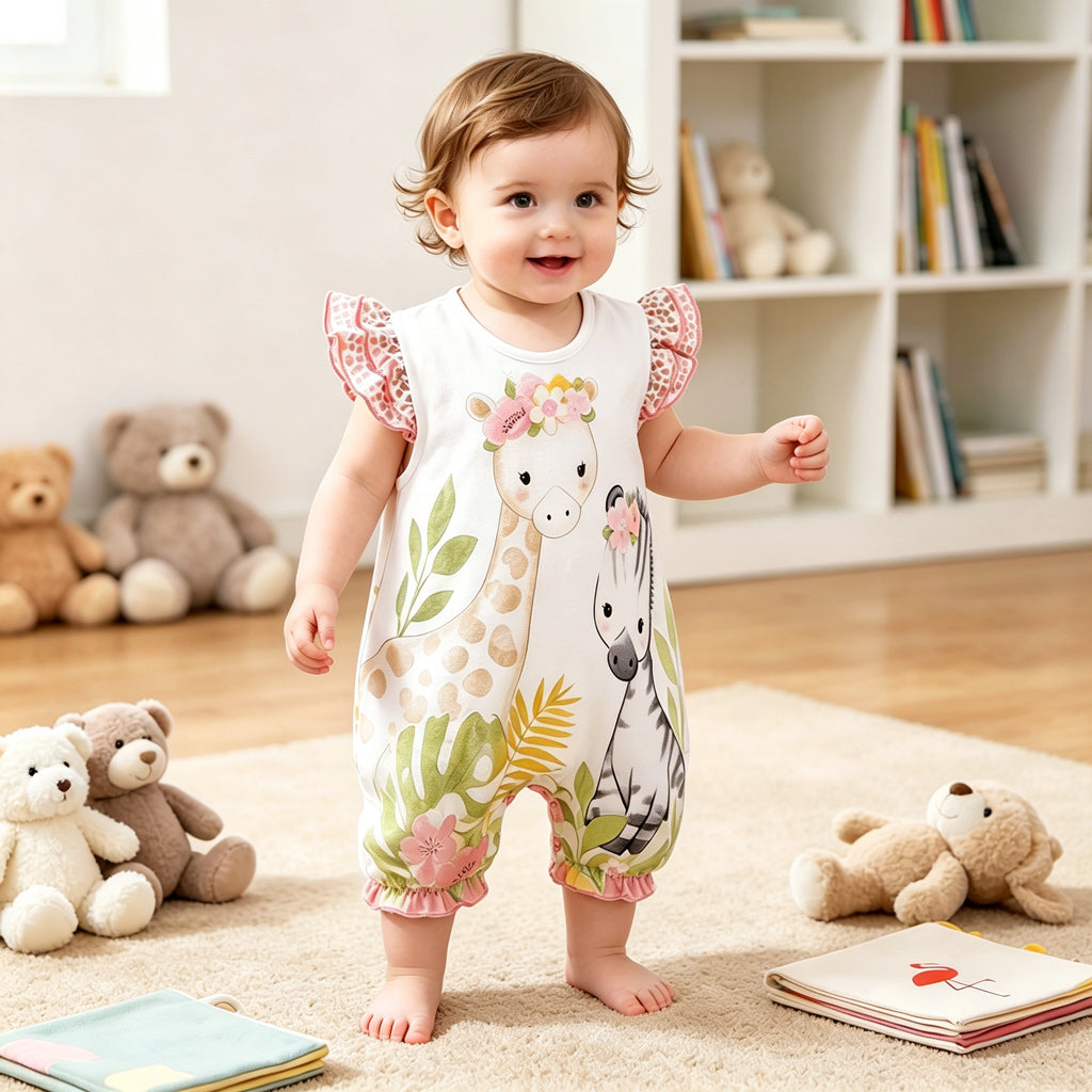 Cartoon Giraffe With Zebra Printed Baby Romper