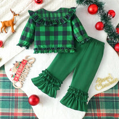 2PCS Christmas Plaid Printed Gingerbread Santa Hat Embroidery Baby Set