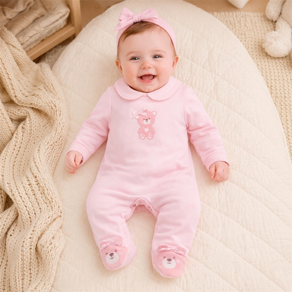 Cute Bear Embroidery Long Sleeve Baby Girl Jumpsuit Image principale du produit
