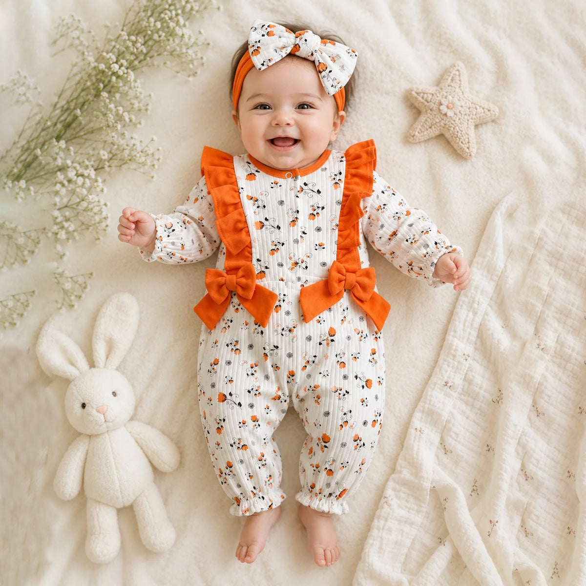 2PCS Vivid Floral Print Long Sleeve Ruffle Baby Girl Jumpsuit Main image