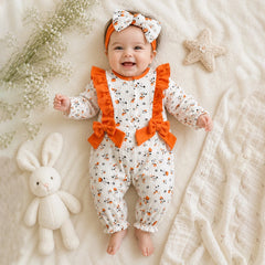 2PCS Vivid Floral Print Long Sleeve Ruffle Baby Girl Jumpsuit