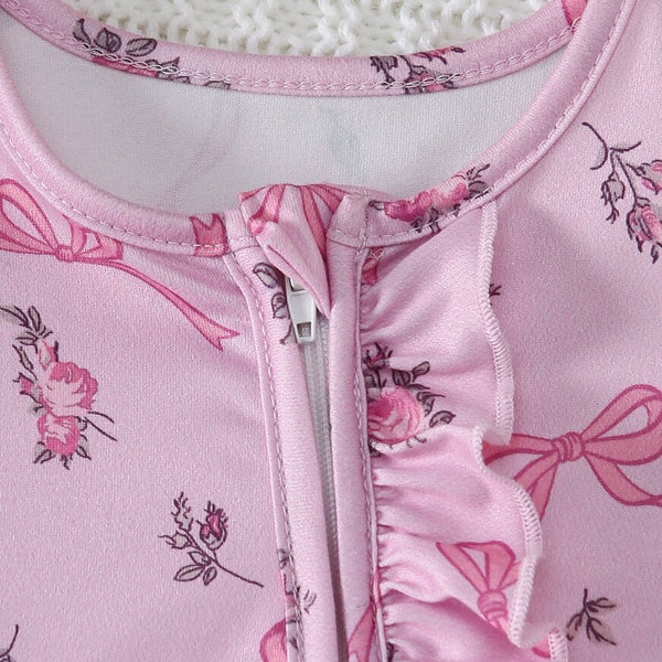 2PCS Delicate Floral Bow Print Zipper Long Sleeve Baby Girl Jumpsuit