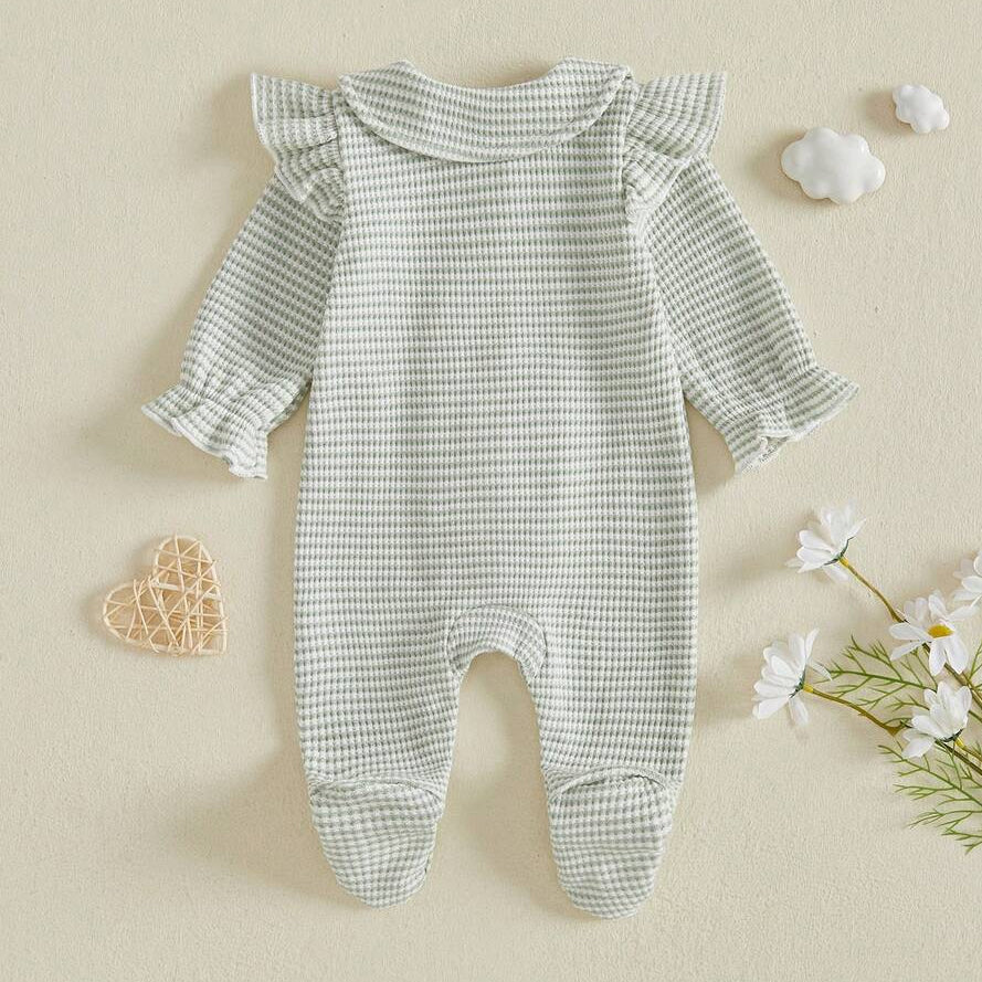 Comfy Solid Color Waffle Long Sleeve Ruffle Baby Girl Jumpsuit