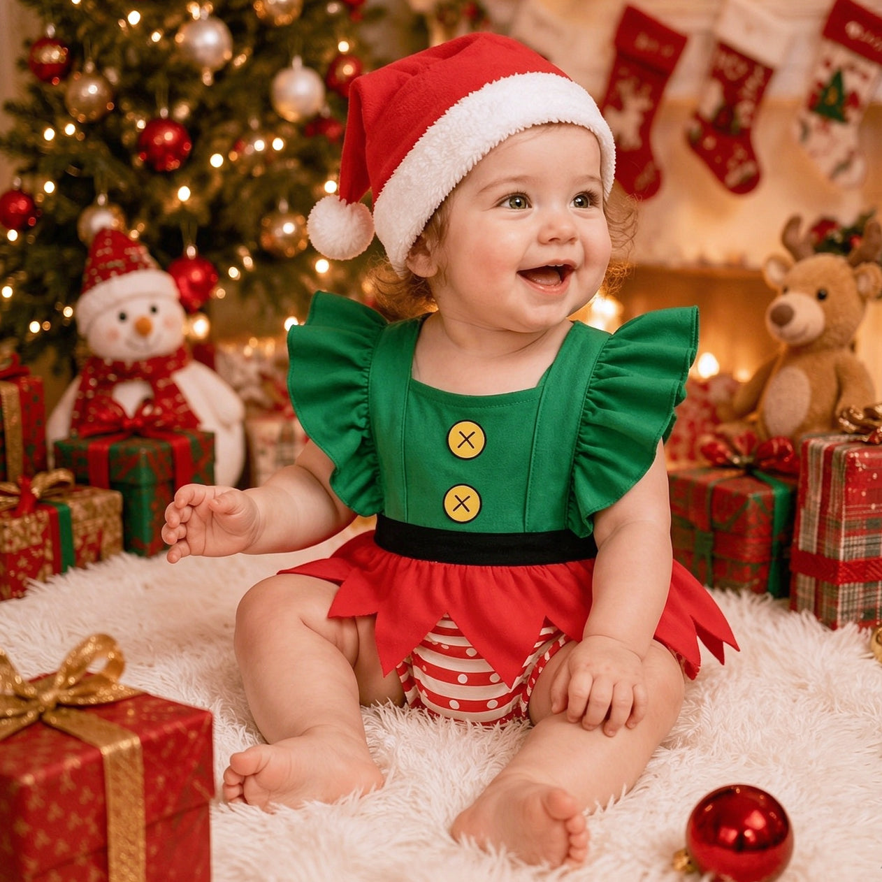 2PCS Green Red Elf Style with Striped Bloomer Flutter Sleeve Baby Romper Secondary image