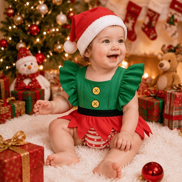 2PCS Green Red Elf Style with Striped Bloomer Flutter Sleeve Baby Romper