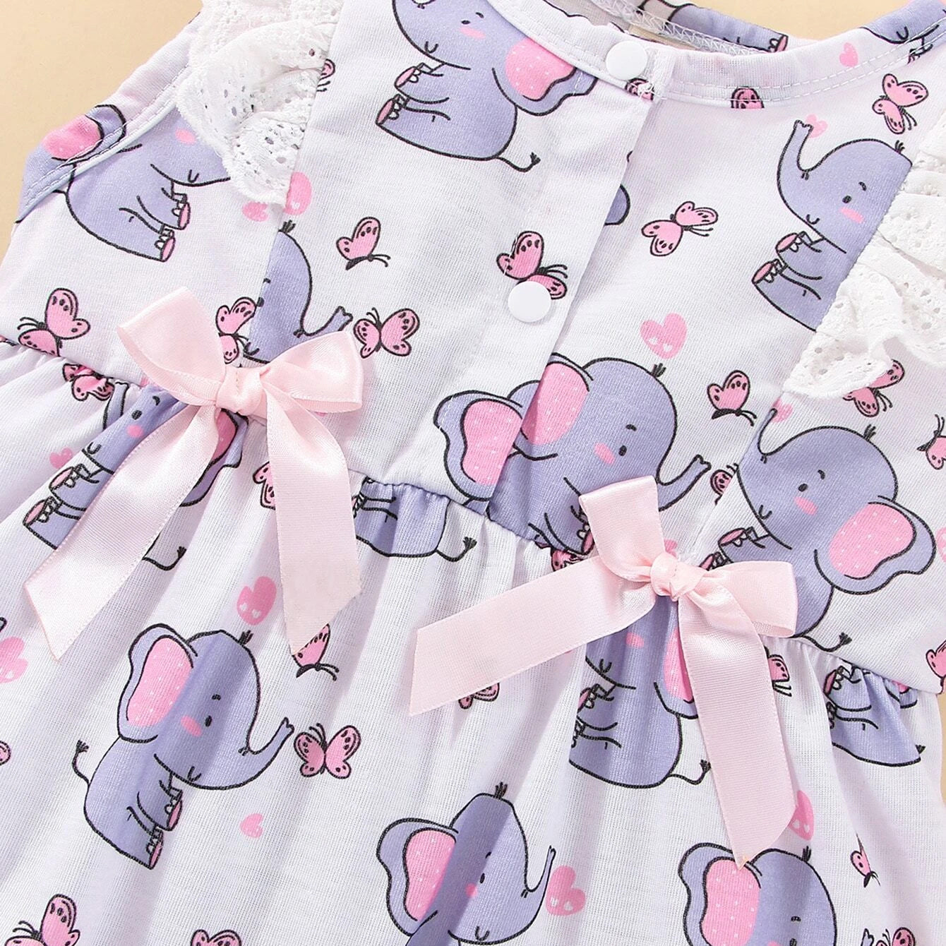 Lovely Elephant Printed Ruffle Bow Decorate Baby Jumpsuit