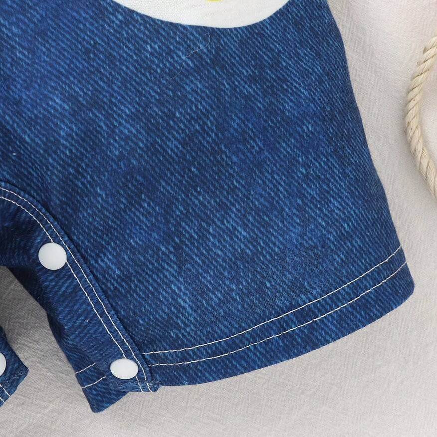Cute Shark Stripe Print Fake Two Piece Short Sleeve Baby Jumpsuit