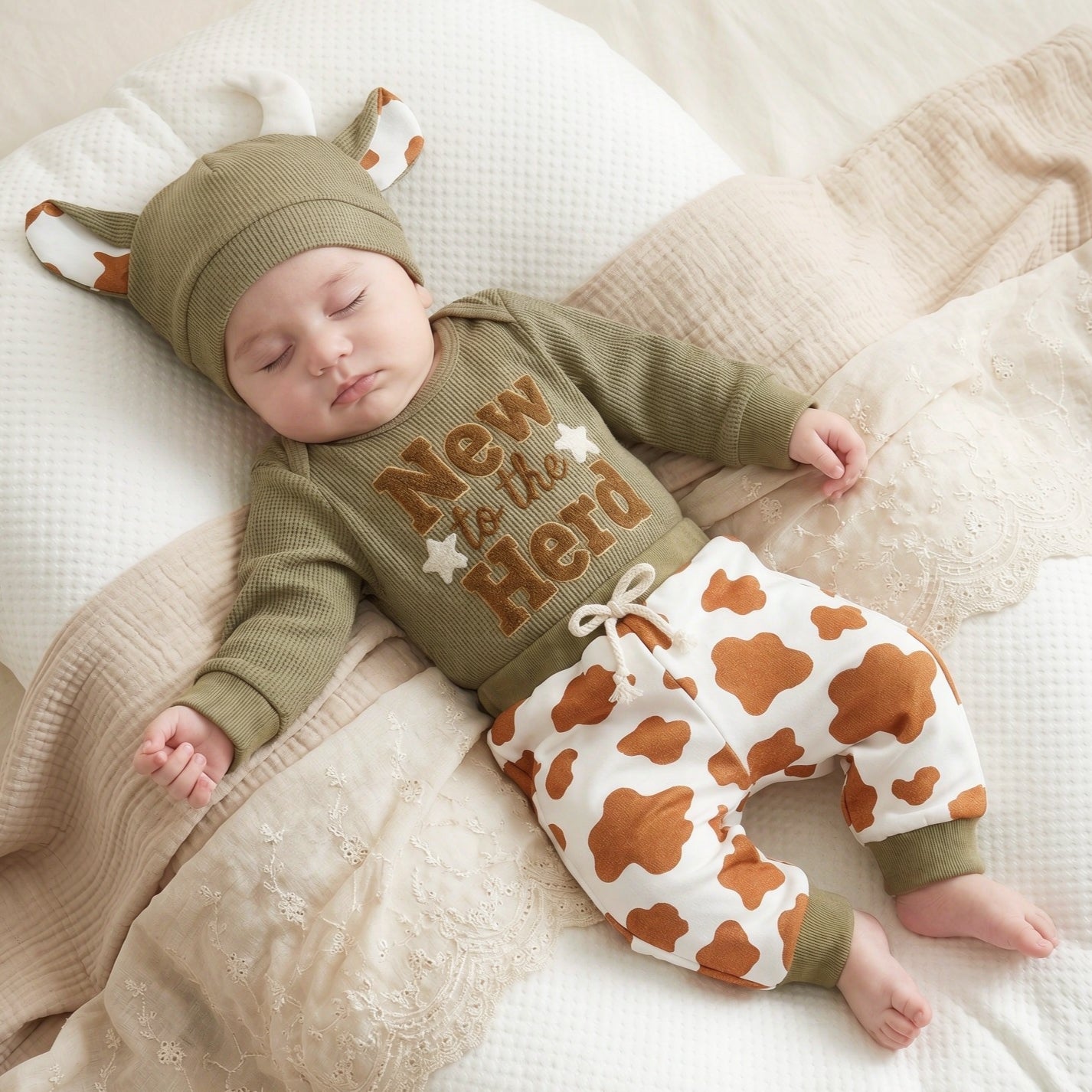 3PCS Cute New to The Herd Letter Applique Cow Print Baby Set