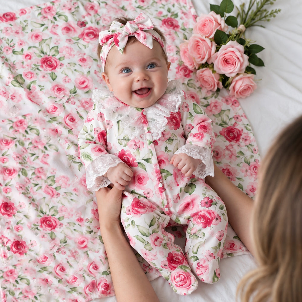 2PCS Vivid Floral Print Lace Long Sleeve Baby Girl Jumpsuit