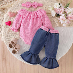 3PCS Chic Lace Top and Distressed Denim Bell-Bottom Baby Girl Set