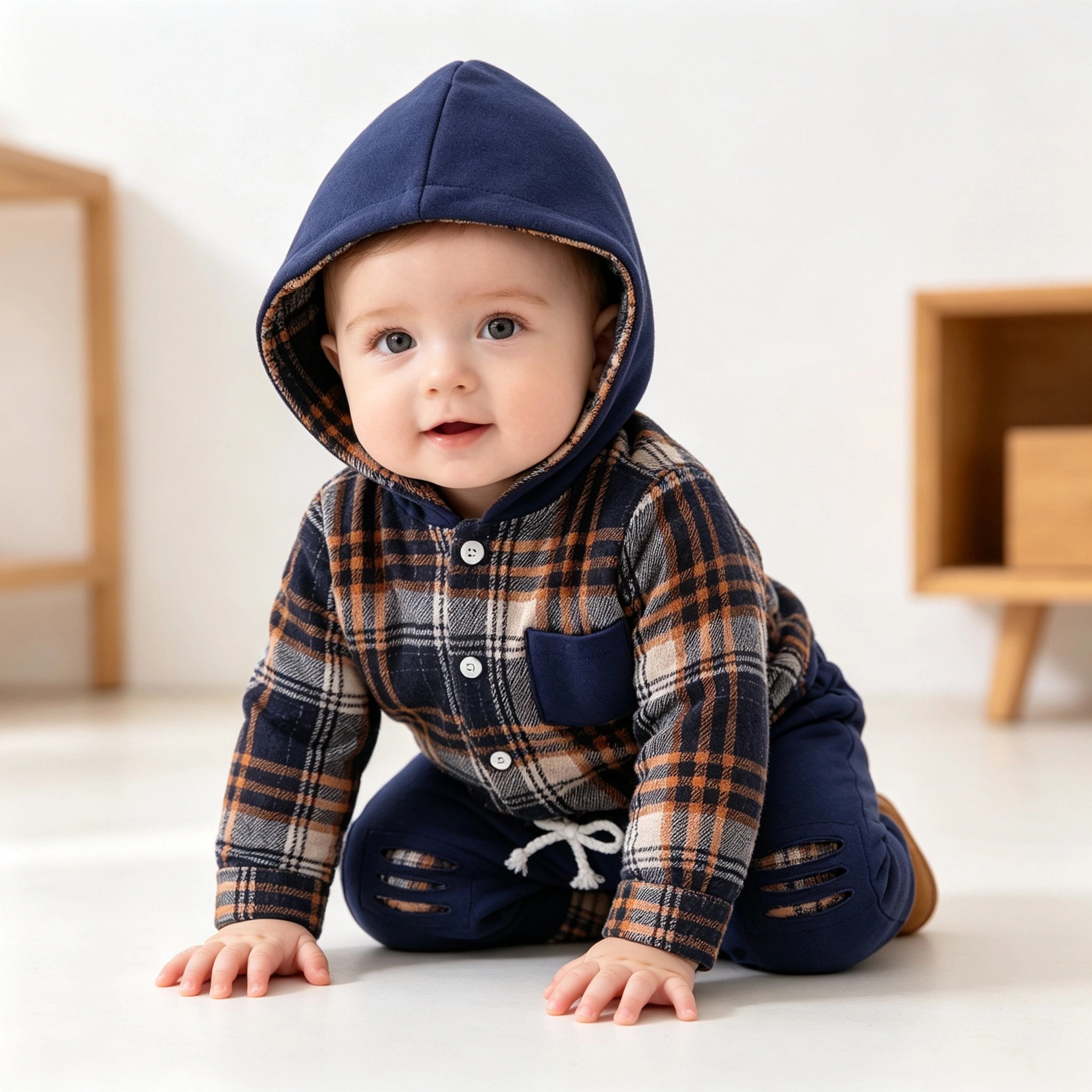2PCS Comfy Plaid Printed Long Sleeve Hoodie Baby Set Secondary image