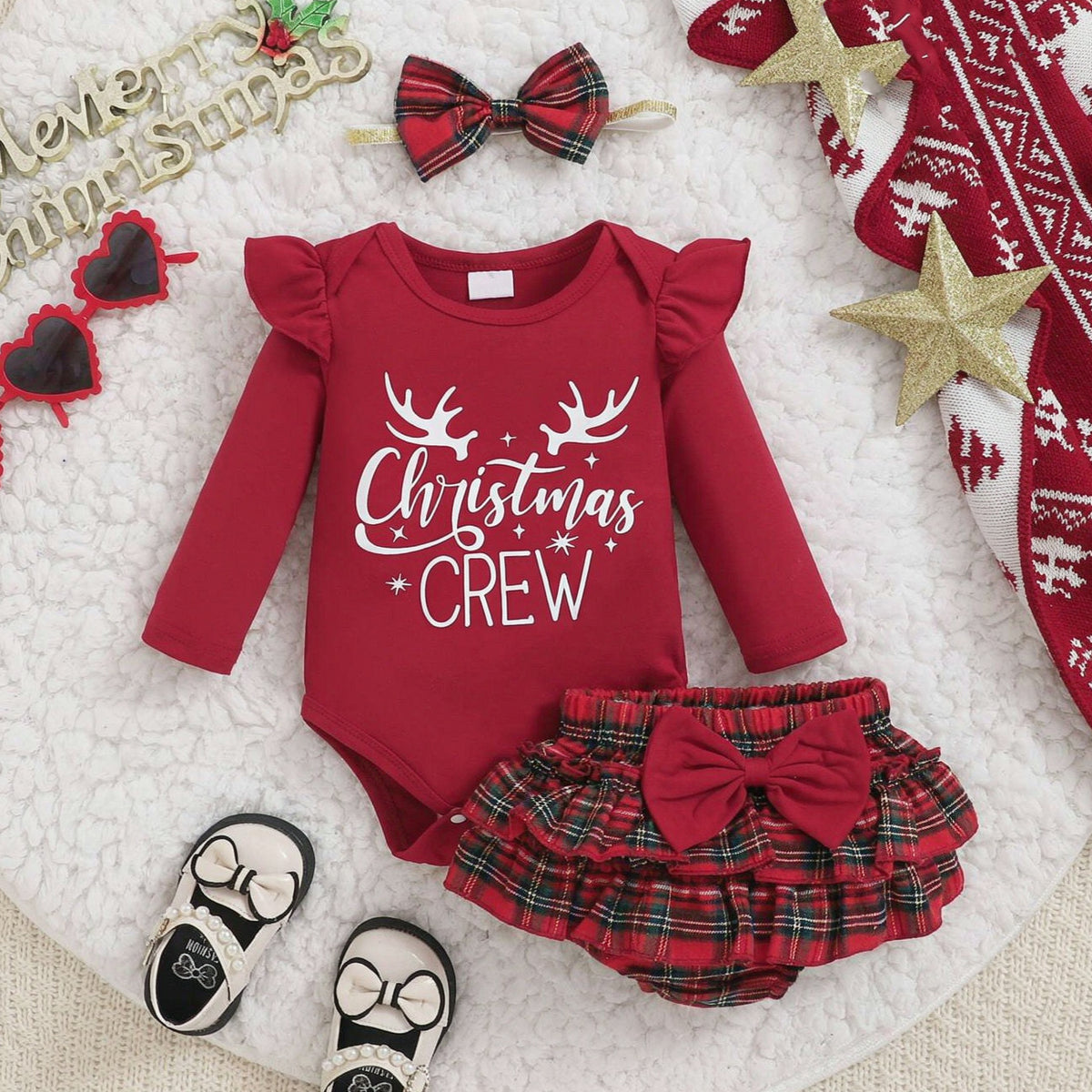 3PCS Christmas Crew Letter Plaid Print Long Sleeve Baby Set Main image