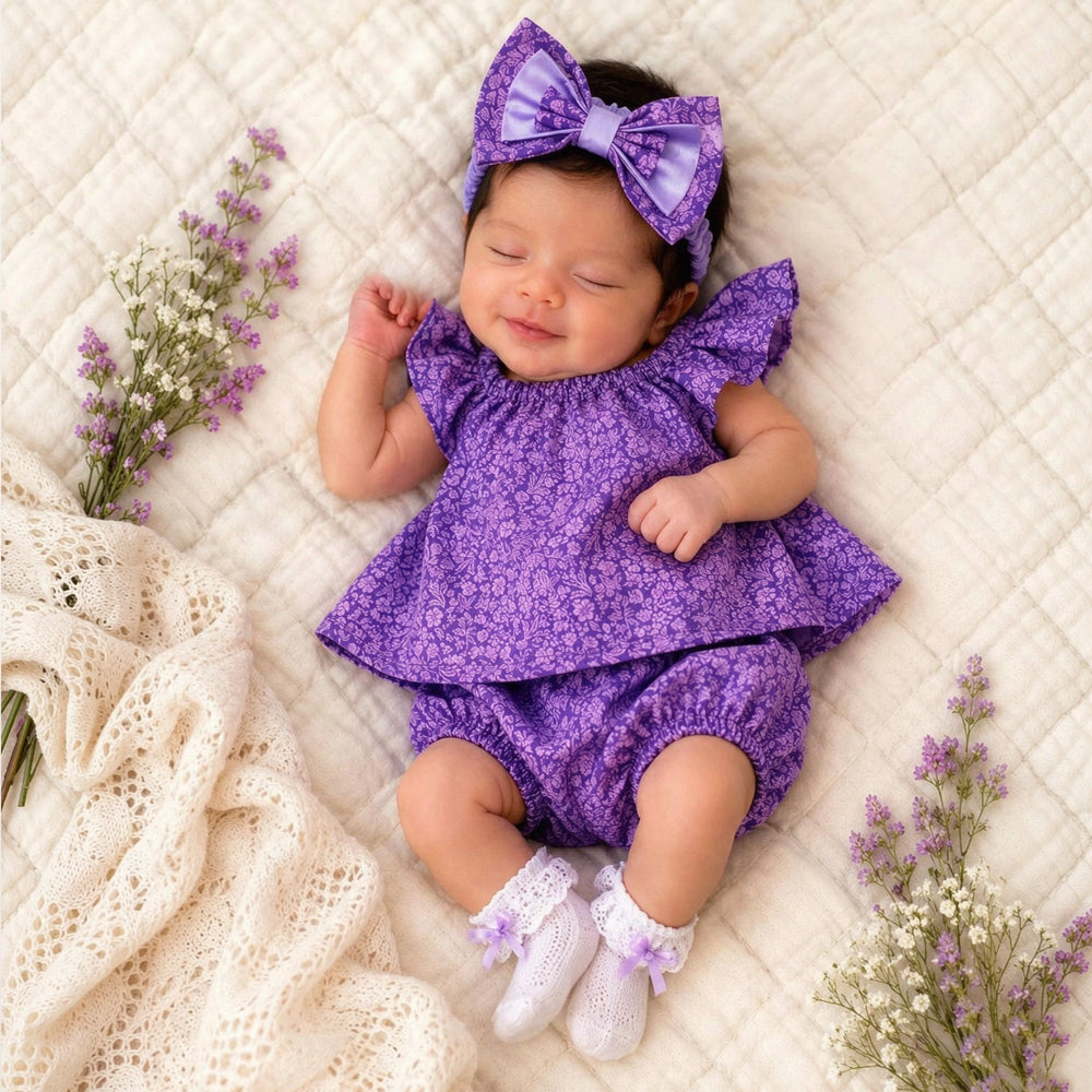 3PCS Classy Floral Printed Ruffled Flutter Sleeve Baby Set Image principale du produit
