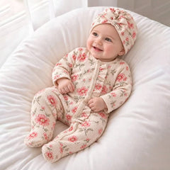 2PCS Delightful Baby Girl Floral Print Ruffle Long Sleeve Zipper Jumpsuit