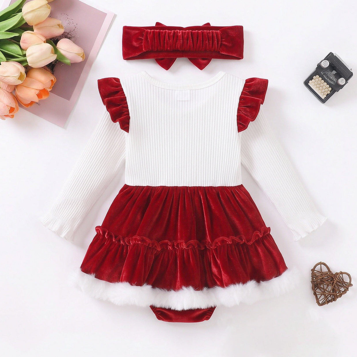 2PCS Chic Color Block Long Sleeve Baby Girl Velvet Romper Secondary image