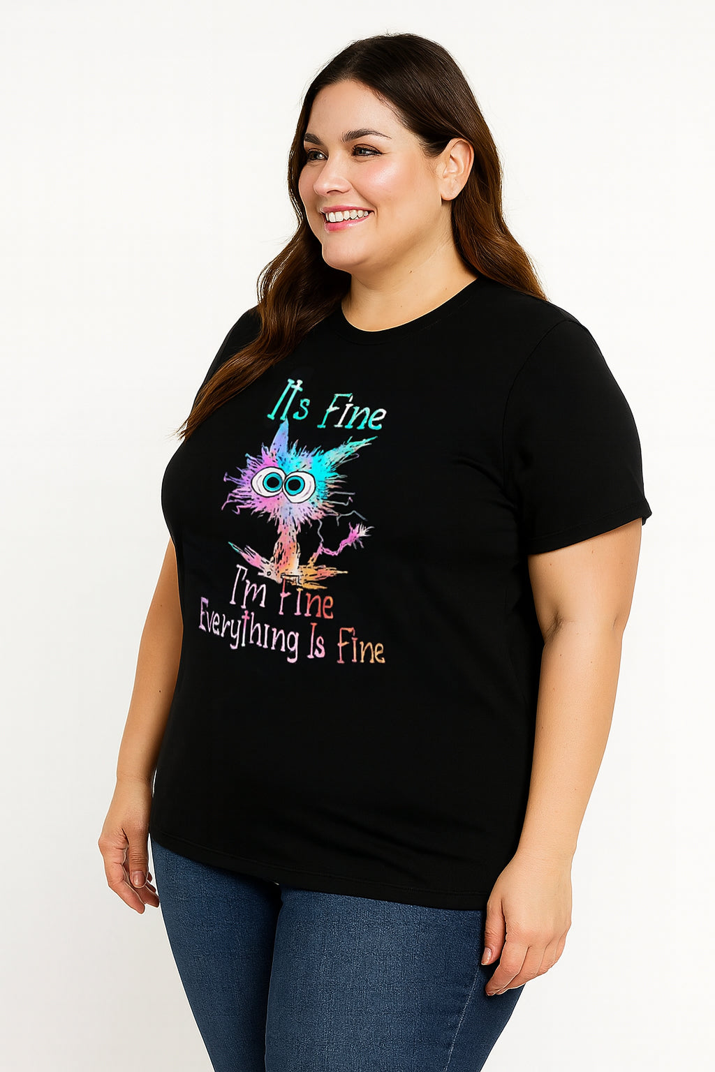 It's Fine I'm Fine Everything Is Fine Cat Print Women Slogan Plus Size T-Shirt