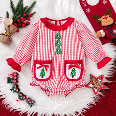 Lovely Christmas Tree Applique Plaid Printed Long Sleeve Baby Romper