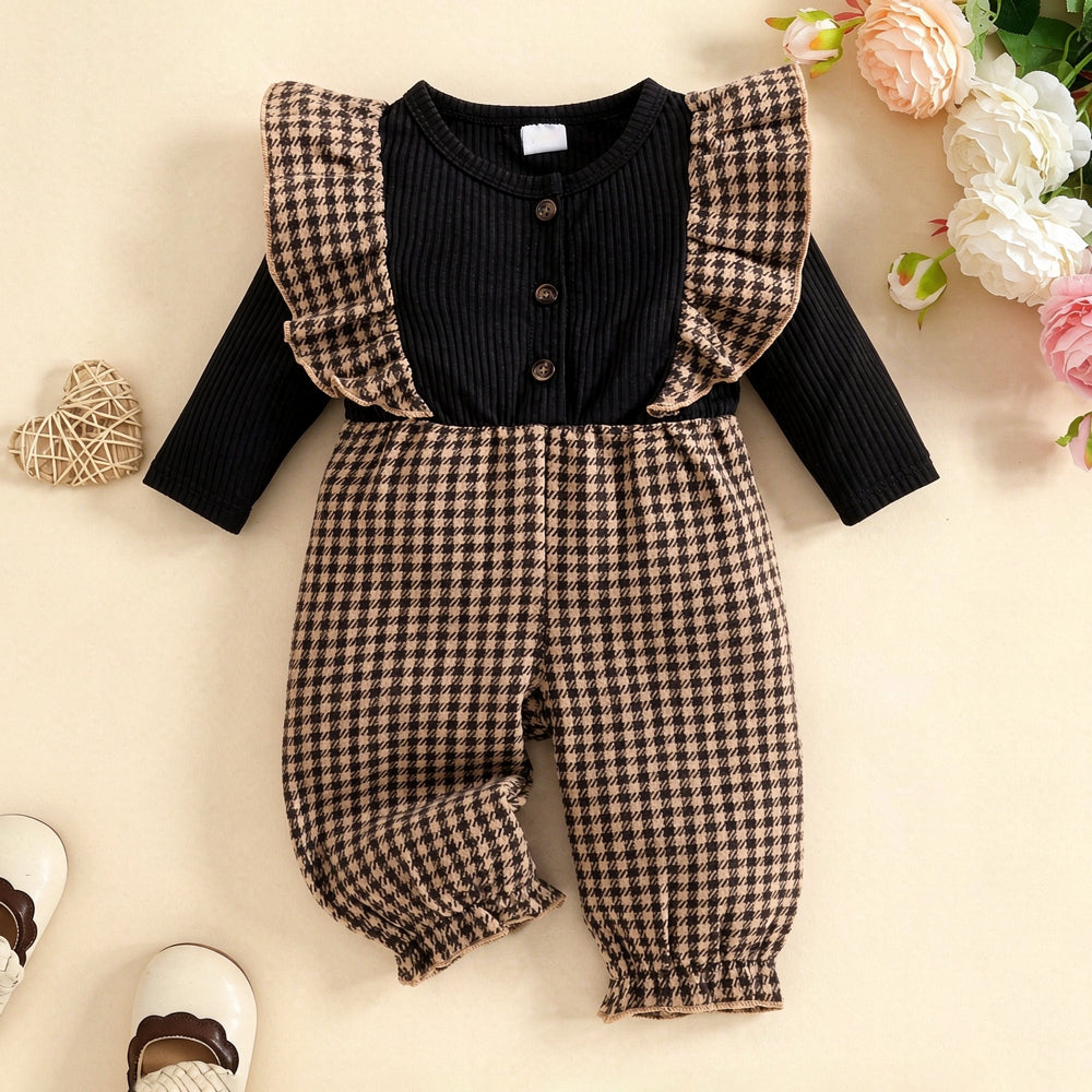 Cute Houndstooth Printed Printed Long Sleeve Baby Jumpsuit