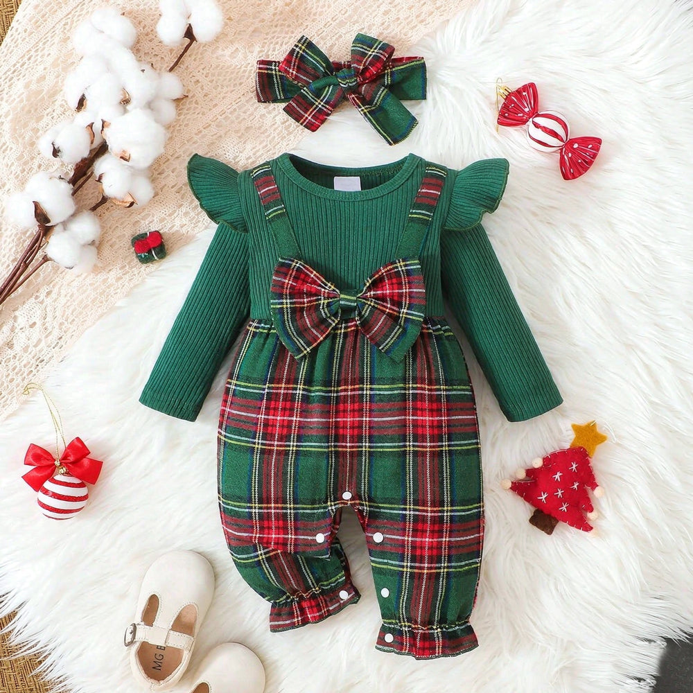 2PCS Vibrant Plaid Print Bow Long Sleeve Baby Girl Jumpsuit
