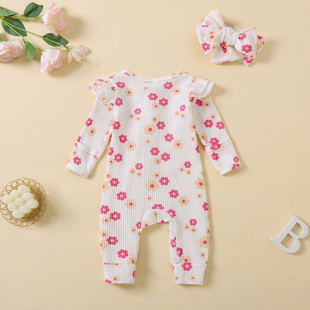 2PCS Sweet Floral Printed Ruffle Decor Long Sleeve Baby Jumpsuit