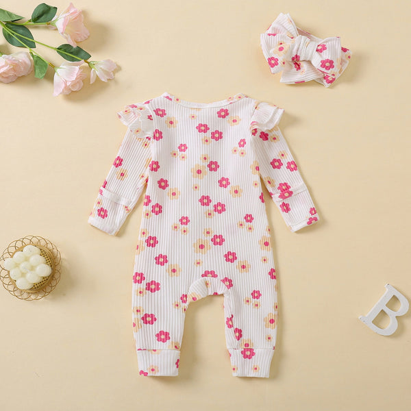 2PCS Sweet Floral Printed Ruffle Decor Long Sleeve Baby Jumpsuit