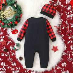 2PCS My 1st Christmas Letter Car Plaid Printed Baby Jumpsuit
