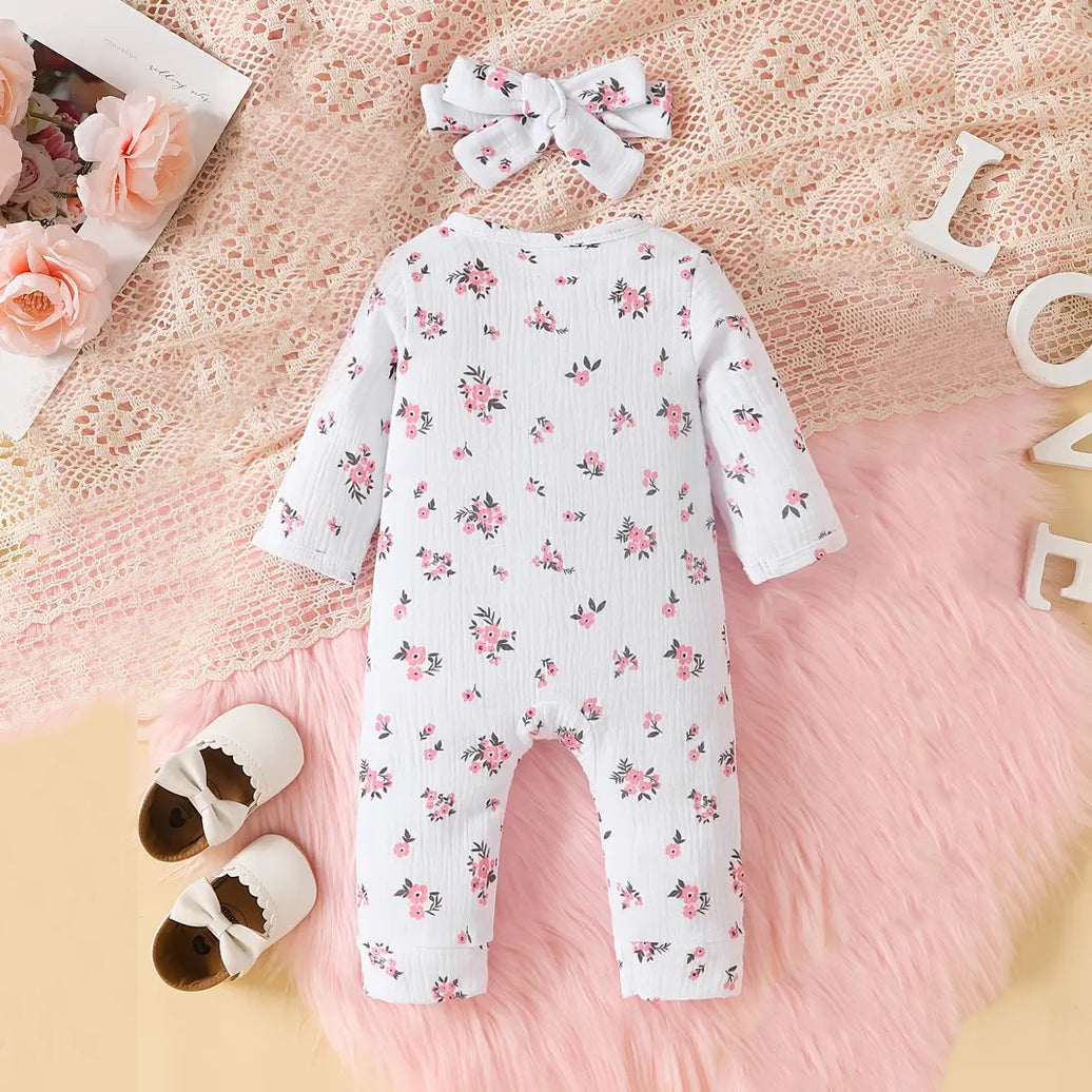 2PCS Comfy Cotton Floral Printed Long Sleeve Baby Jumpsuit