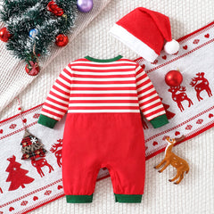 2PCS Cute Santa Applique Stripe Print Baby Christmas Jumpsuit