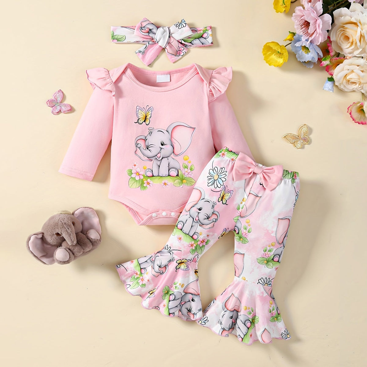 3PCS Sweet Elephant Floral Printed Long Sleeve Baby Set Imagem principal do produto