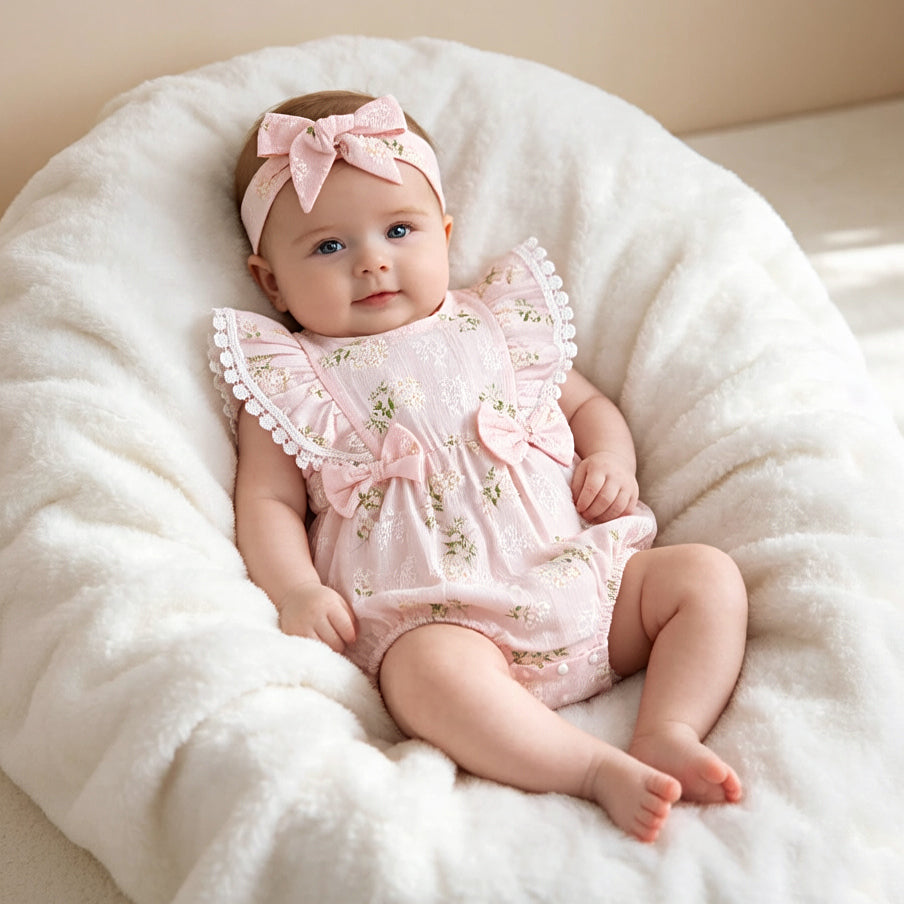 2PCS Solid Color Printed Baby Romper