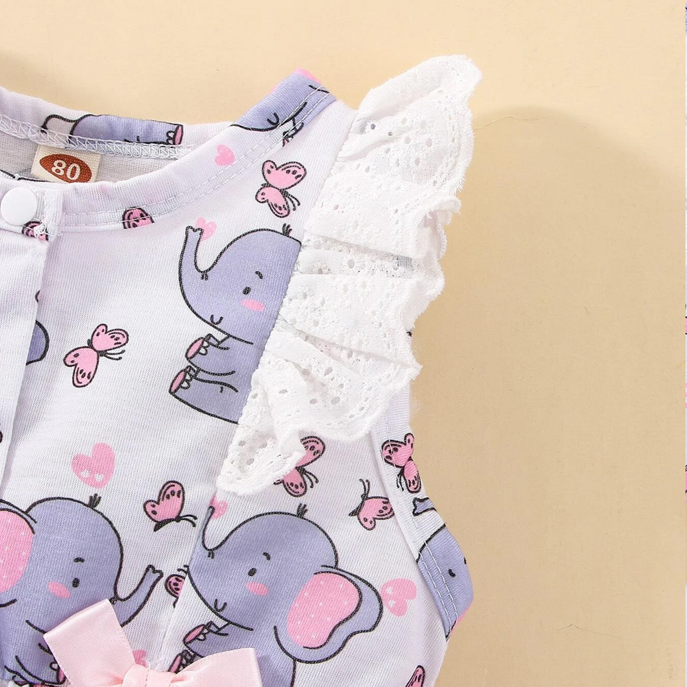 Lovely Elephant Printed Ruffle Bow Decorate Baby Jumpsuit