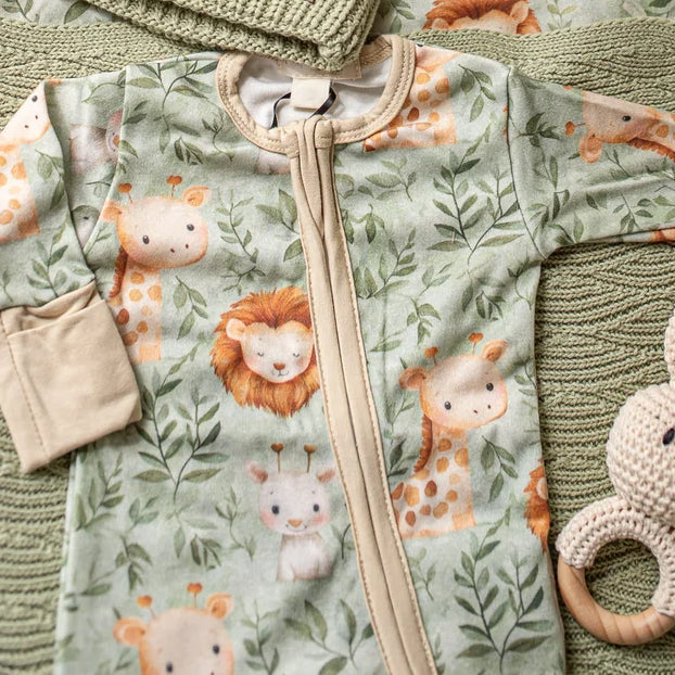 Cute Lion Giraffe Leaf Printed Long Sleeve Zipper Baby Jumpsuit