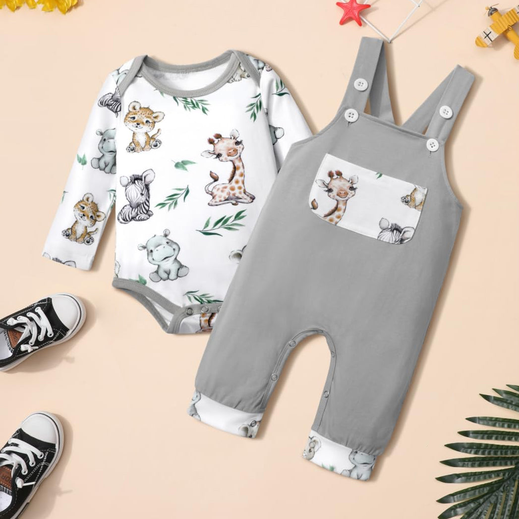 2PCS Cute Animal Printed Long Sleeve Overalls Baby Set Main image