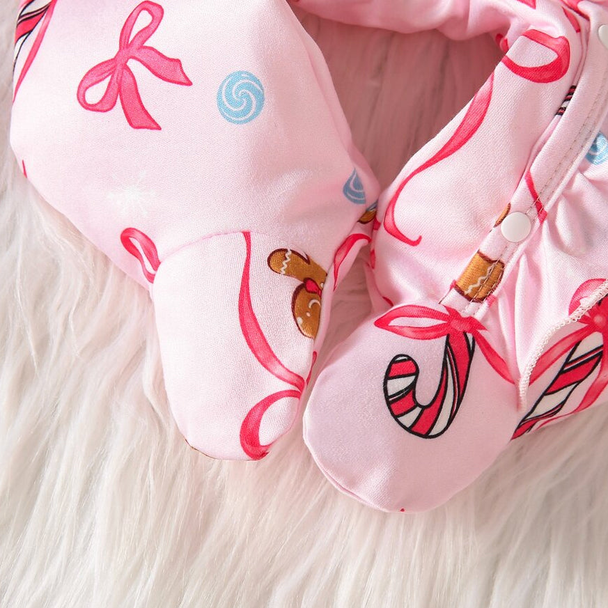 2PCS Gingerbread Man Bow Print Long Sleeve Baby Zipper Jumpsuit