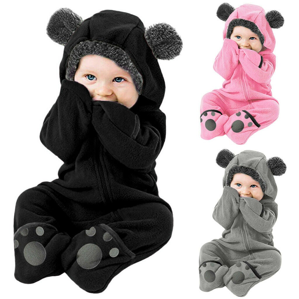 Newborn Baby Boy Girl Solid Color Cartoon 3D Bear Ear Long Sleeve Velvet Hoodie Jumpsuit Main image