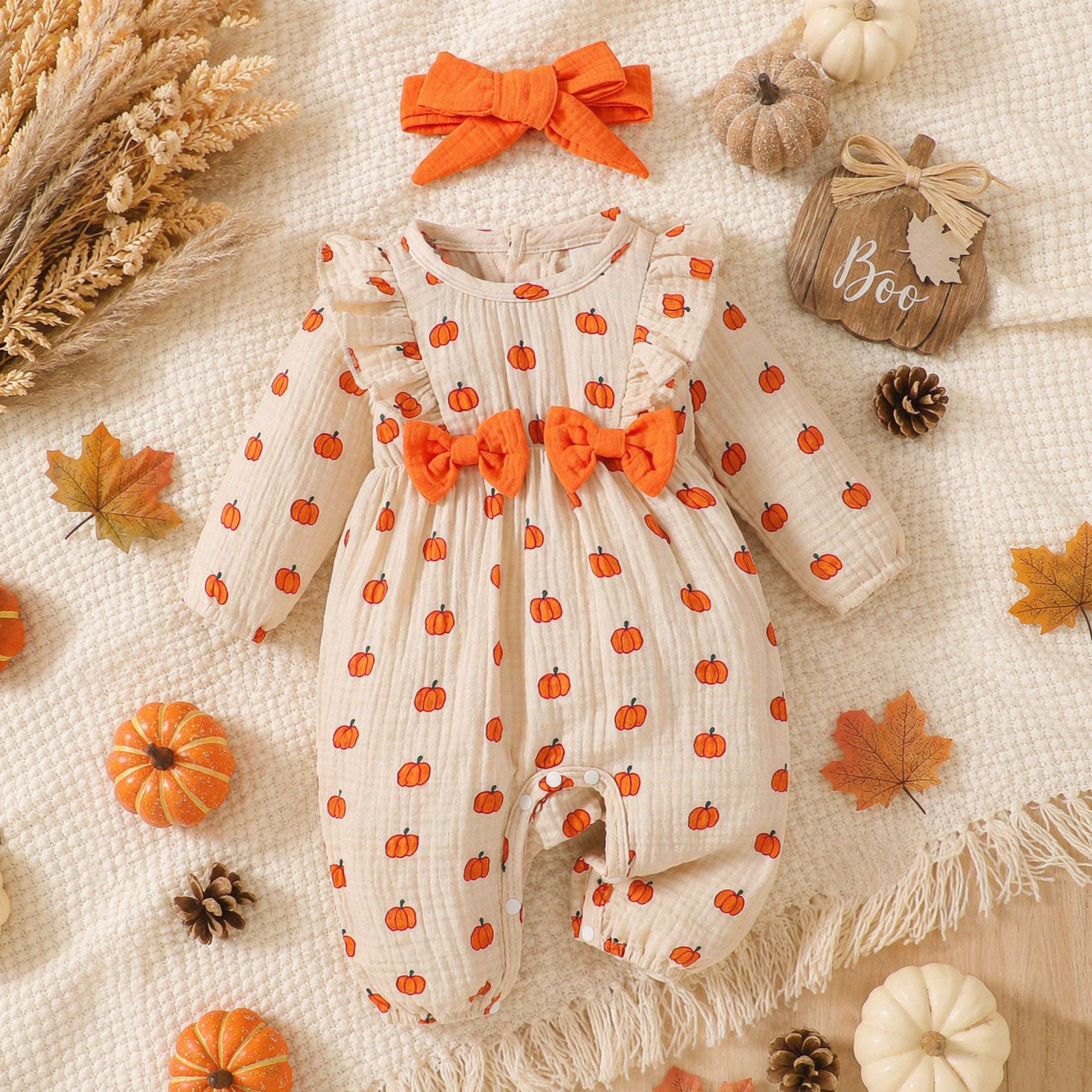 2PCS Sweet All-Over Pumpkin Print Long Sleeve Baby Jumpsuit Secondary image