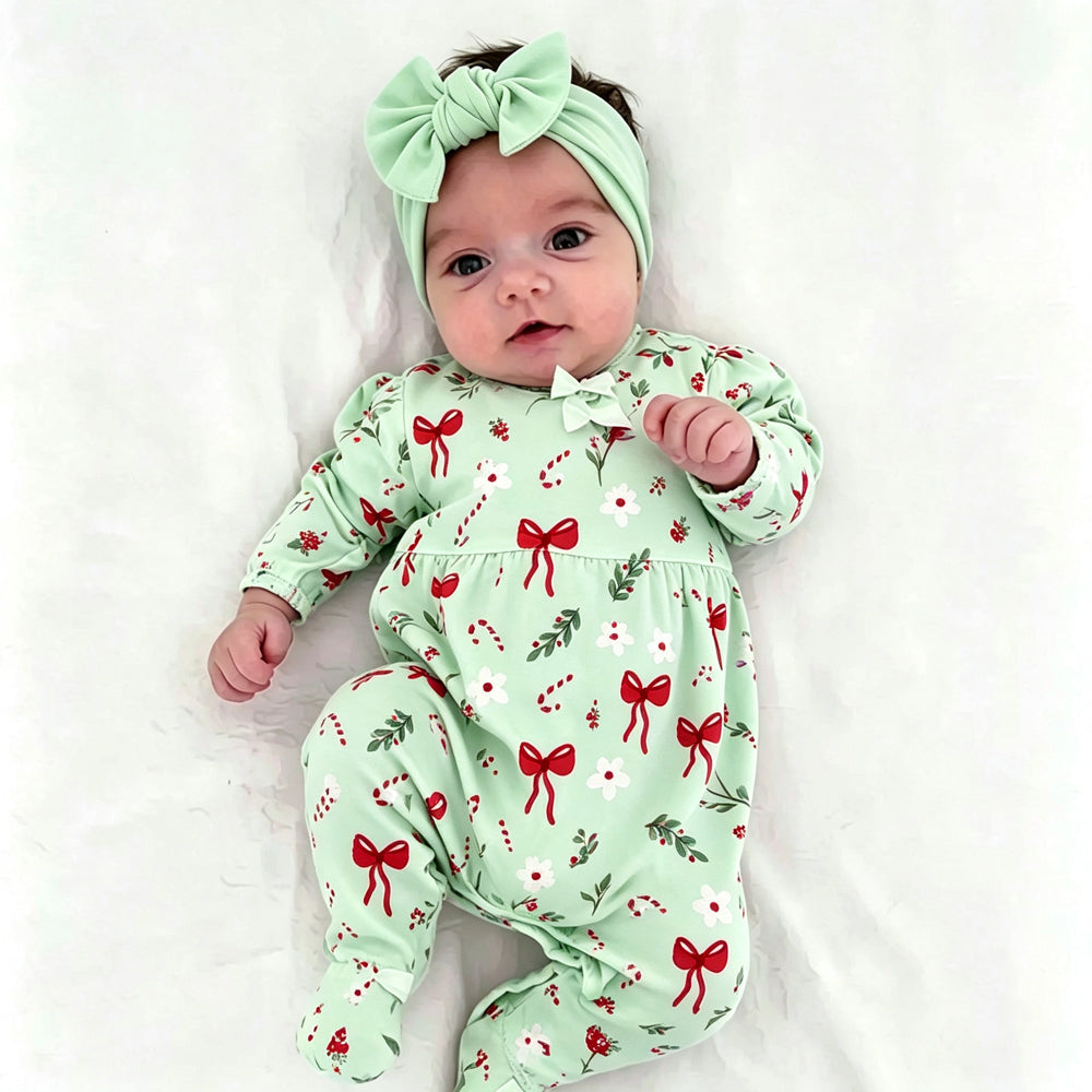 2PCS Lovely Bow Christmas Elements Print Long Sleeve Baby Jumpsuit
