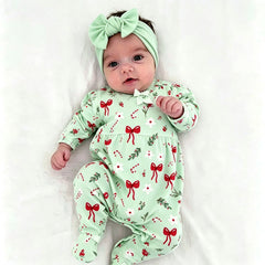 2PCS Lovely Bow Christmas Elements Print Long Sleeve Baby Jumpsuit