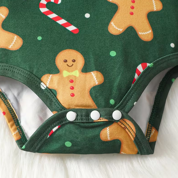 2PCS Gingerbread Man Candy Cane Print Long Sleeve Baby Overalls Set