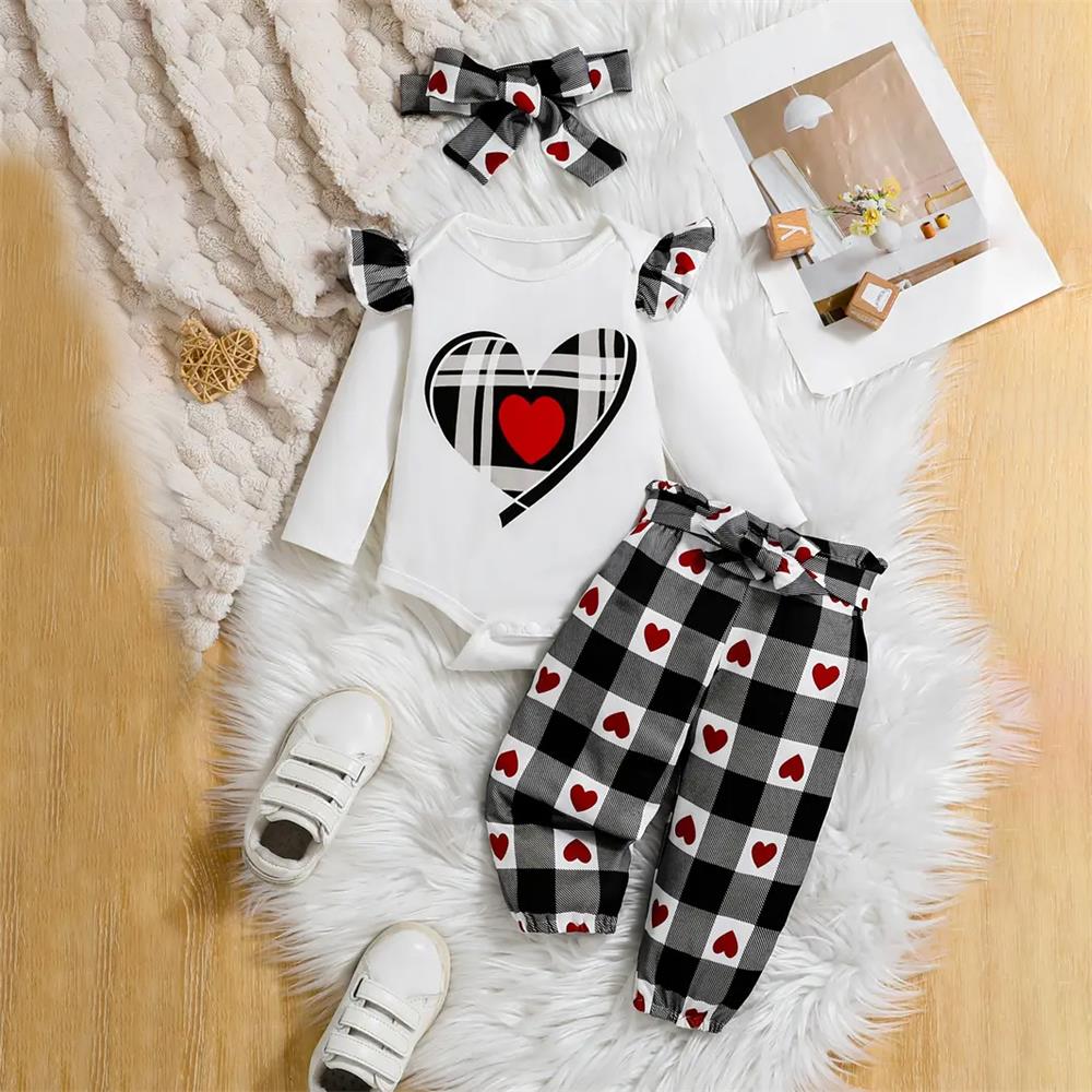 3PCS Plaid Heart Print Long Sleeve Baby Set Imagem principal do produto