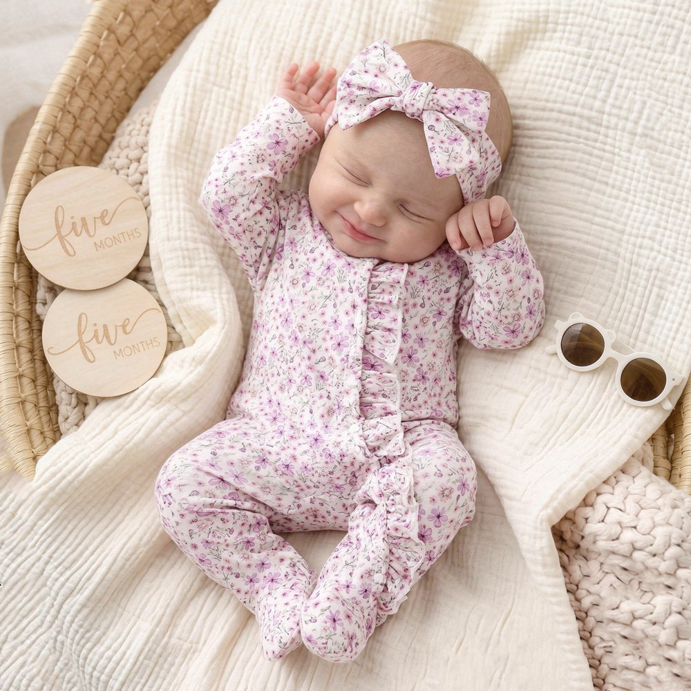 2PCS Romantic Floral Print Ruffle Long Sleeve Baby Zipper Jumpsuit Main image
