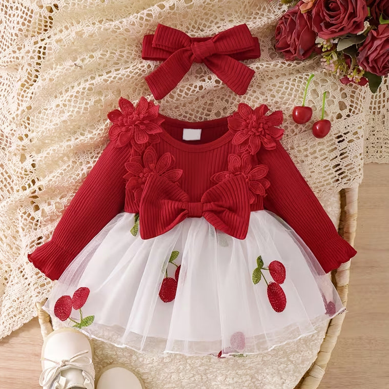 2PCS Baby Girl 3D Floral and Cherry Embroidered Long Sleeve Mesh Dress