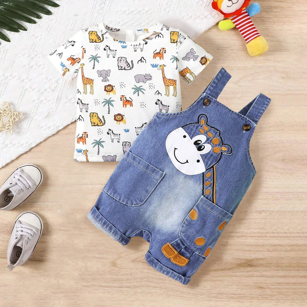 2PCS Cute Animal Printed Top And Embroidered Denim Overalls Baby Set Main image