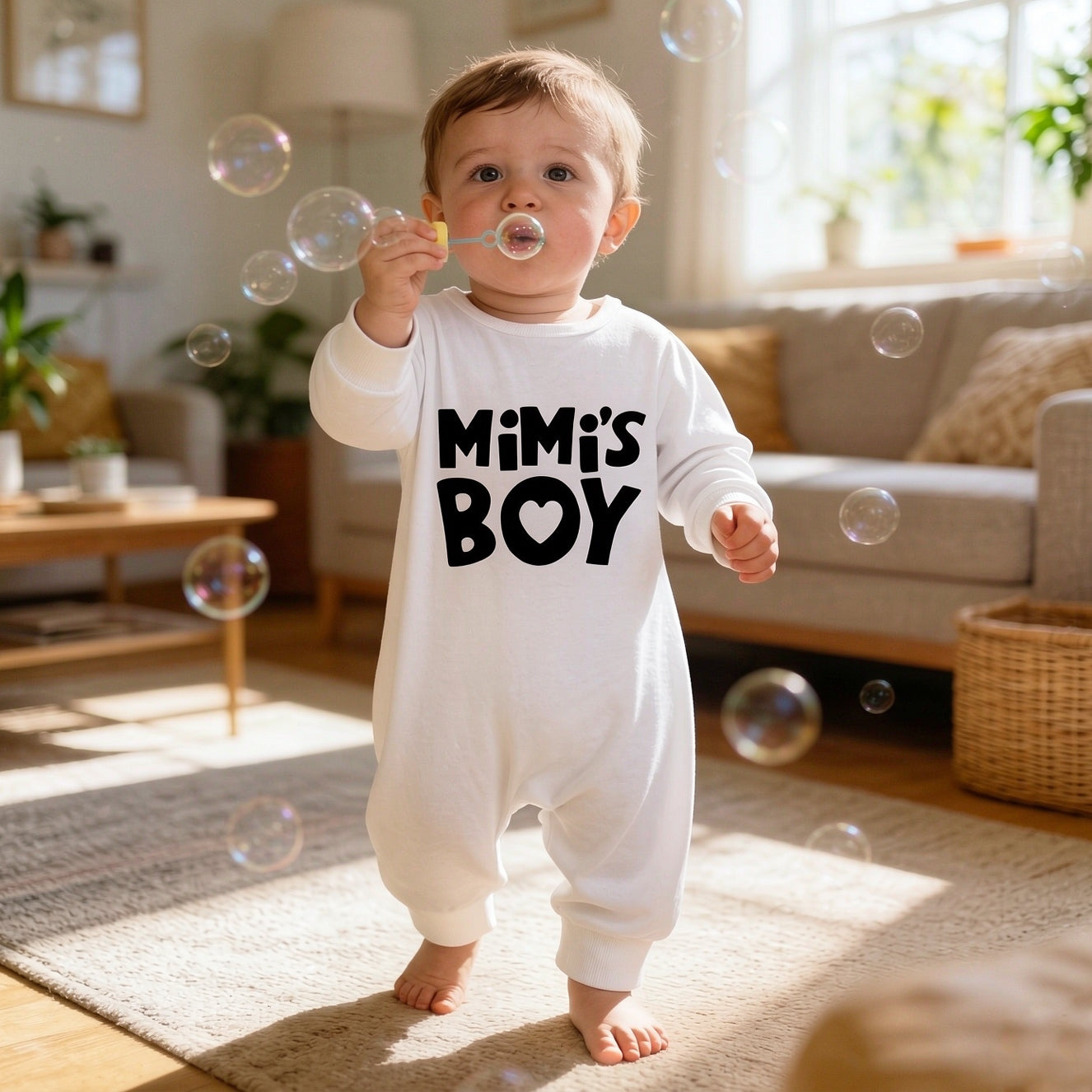 Casual Mimi's Boy Letter Heart Print Long Sleeve Baby Jumpsuit